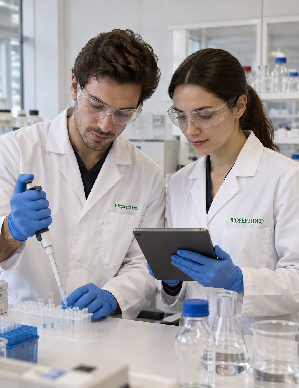 Two scientists in Biopeptídeo lab coats working at a laboratory bench